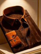 <Creative> Men's Long-Sleeve Spring/Autumn Formal Dress Shirt for Formal and Professional Wear, Patchwork Design, Two Solid Colors, Polyester, Suitable for All Seasons, Formal Long-Sleeve Button- Shirt - Coffee Color