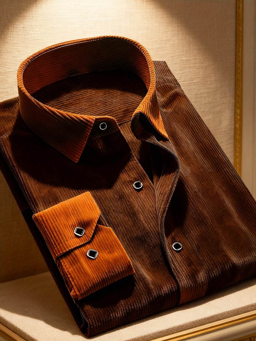 <Creative> Men's Long-Sleeve Spring/Autumn Formal Dress Shirt for Formal and Professional Wear, Patchwork Design, Two Solid Colors, Polyester, Suitable for All Seasons, Formal Long-Sleeve Button- Shirt - Coffee Color
