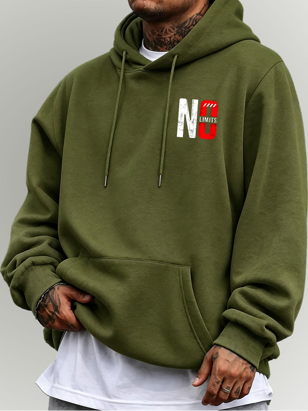 Men's Oversized Hooded Sweatshirt with NO Contrast Color Bold Letter Print, European and American Street Style Casual Sweatshirt - Military Green
