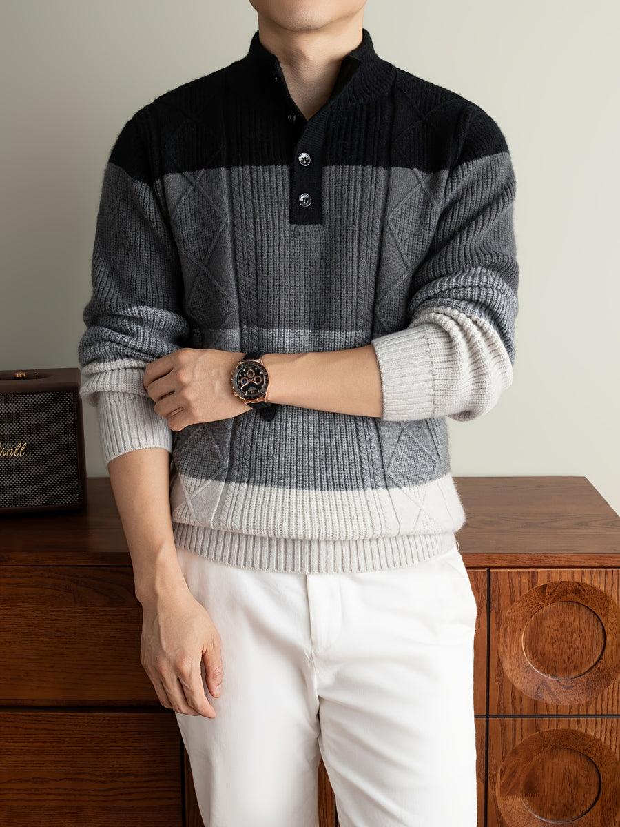 [Whale-Crossing Lan OBM] 1pc Autumn/Winter New Thickened Men'S Knit Pullover Sweater, Old Money Style Color-Block Stand Collar Half-Button Long Sleeve Knit Pullover for Men, Business Casual Fashion Sweater Suitable for Spring, Autumn - Black