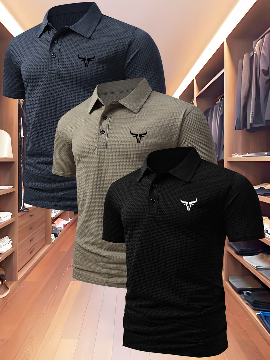 3pcs Value Pc, Summer Short-sleeve Polo Shirt! New Jacquard Fabric, Quick-drying, Lightweight and Breathable, Easy to Wash and Dry Quickly. Men's Color-blocked Cool and Comfortable Polo Shirt with Lapel, for Sports and Casual Wear. Men's Short-sleeve - Blue card black