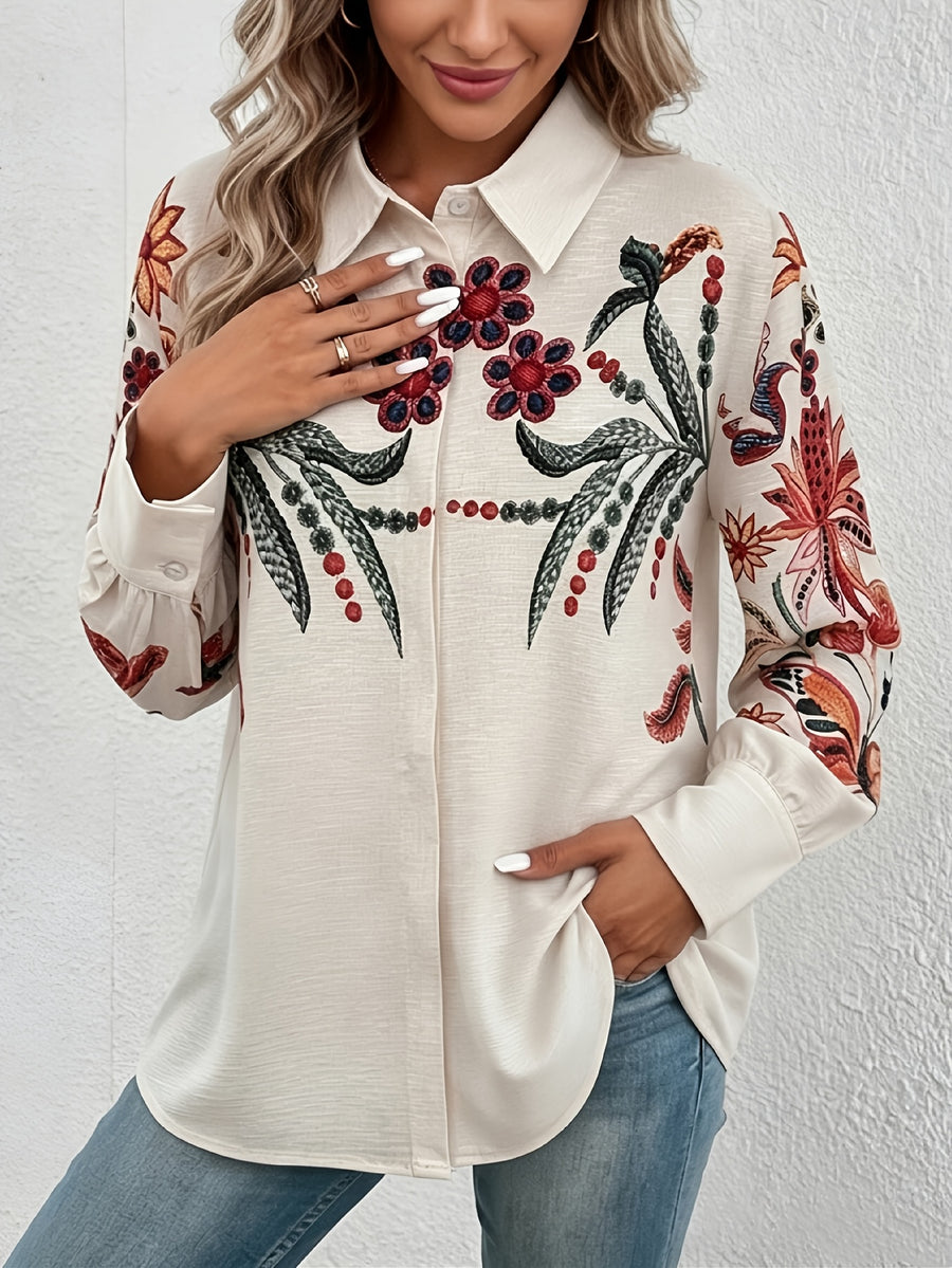 Women's Spring/Summer Shirt with Digital Print, Fashionable, Elegant, and Temperamental, Casual Loose-Fit Long Sleeve Lapel Cardigan, Gorgeous Clothing for Daily Outings, Commuting, Vacation, and Versatile Styling - Apricot
