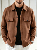 Fashionable Casual Men's Lightweight Jacket, Single-breasted Long-sleeve Shirt, Casual Solid-color Lapel Shirt, Versatile Cardigan for Daily Commutes and Outdoor Wear, Men's Casual Attire, Ideal Gift - Coffee Color