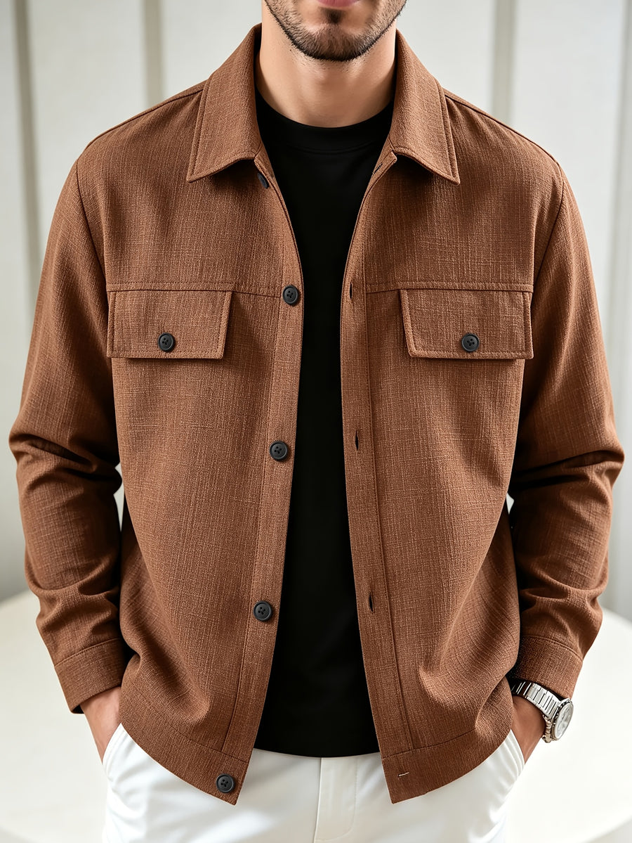 Fashionable Casual Men's Lightweight Jacket, Single-breasted Long-sleeve Shirt, Casual Solid-color Lapel Shirt, Versatile Cardigan for Daily Commutes and Outdoor Wear, Men's Casual Attire, Ideal Gift - Coffee Color