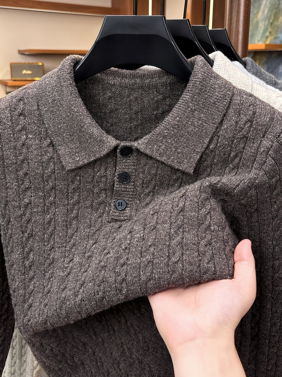 Men's Lapel-neck Autumn/winter Warm Sweater, Classic Cable Knit Texture with Soft, Skin-friendly Fabric, Casual and Fashionable Everyday Knitwear - Coffee Color