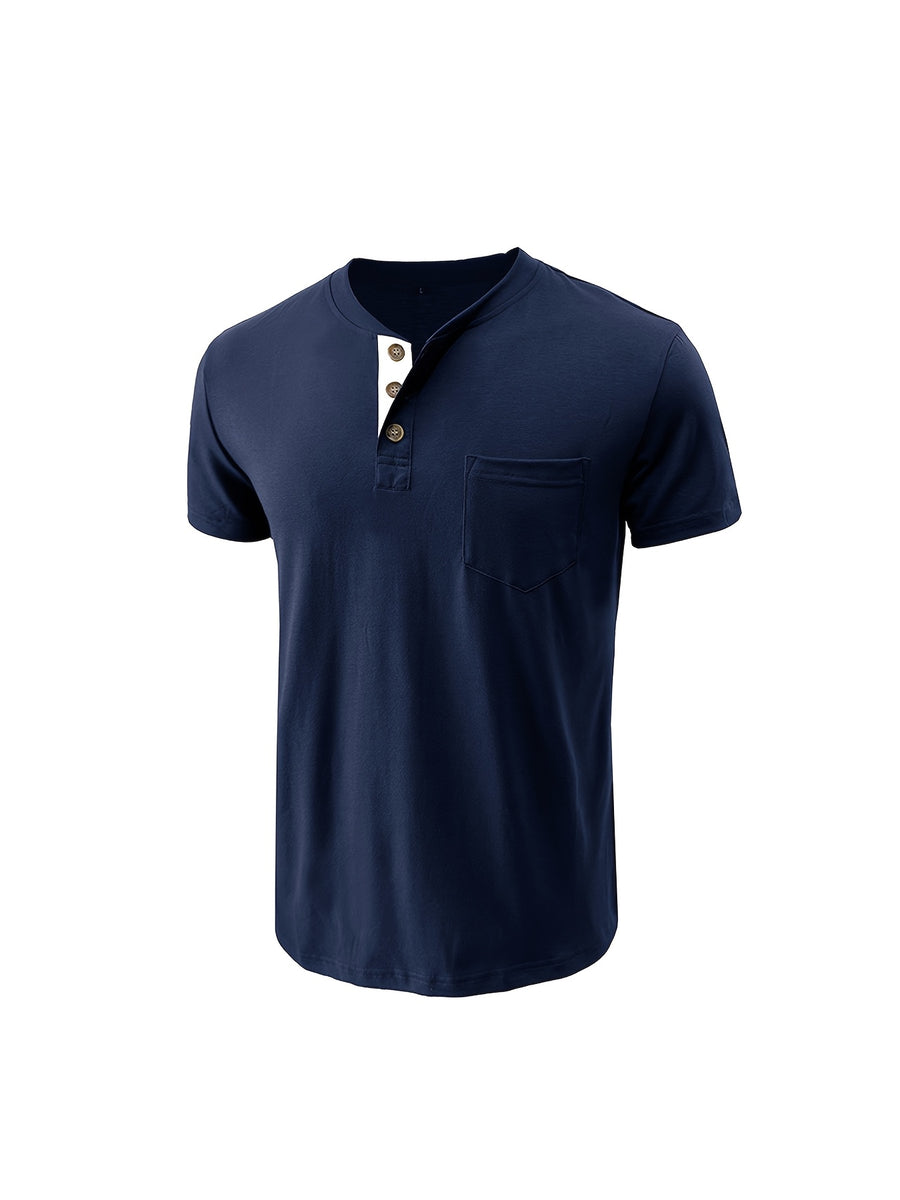 Men'S Summer Round Neck Short Sleeve T-Shirt Henley Shirt Pocket Top - Navy Color
