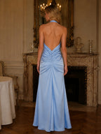 Blue Satin Halter Neck Deep V Pleated Gown, Elegant and Sexy Backless Long Dress, Temperamental Women's Wedding Bridesmaid Dress - Sky Blue