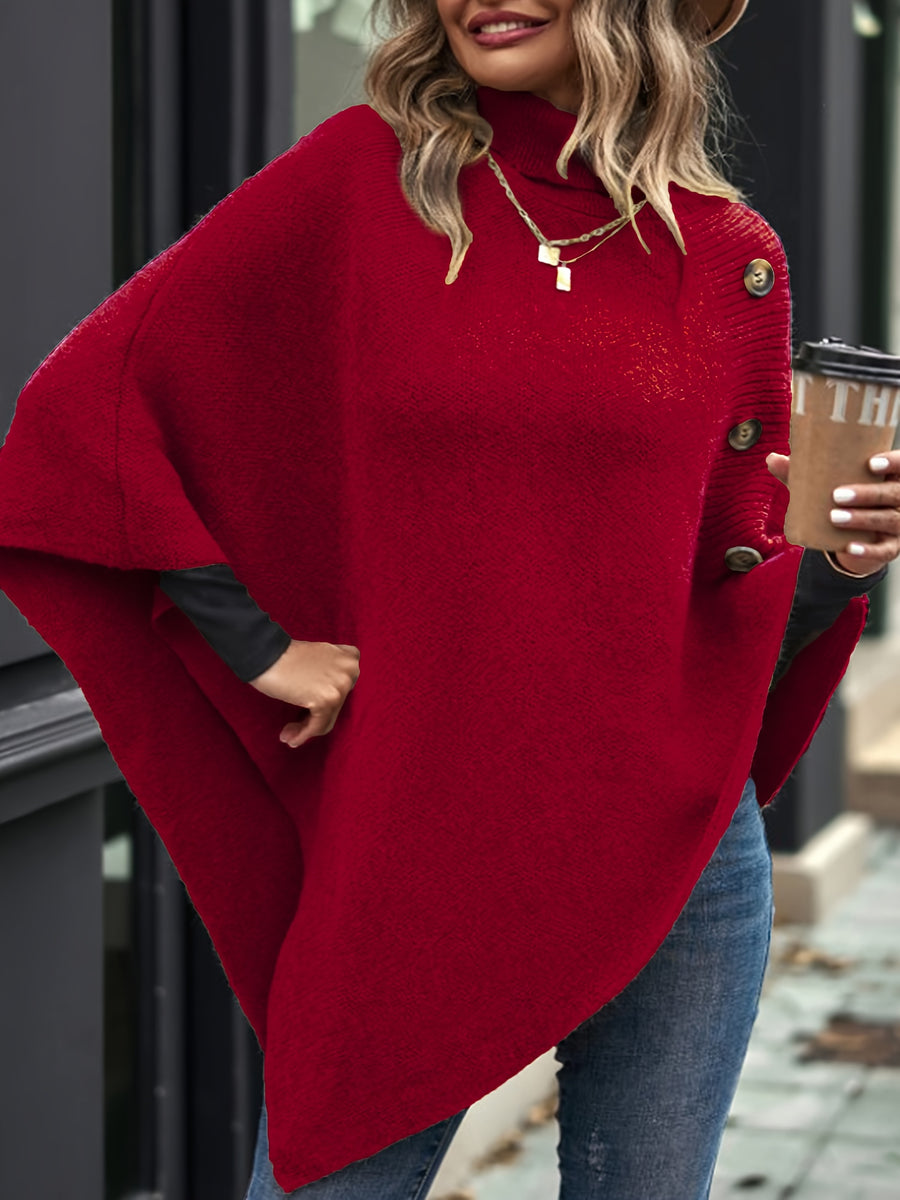 Elegant Special "Slim Fit Bust" 1 Elegant Women's Solid Color High-neck Shawl Pullover, Side Faux Button Decoration, Asymmetrical Design, 100% Polyester, Fashionable and Elegant Vintage Ethnic Style Pullover, Suitable for Spring, Autumn, and Winter - Red