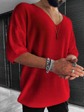 Men'S Loose-Fitting Short-Sleeve Pullover with a V-Neck And Dropped Shoulders, Knit - Red