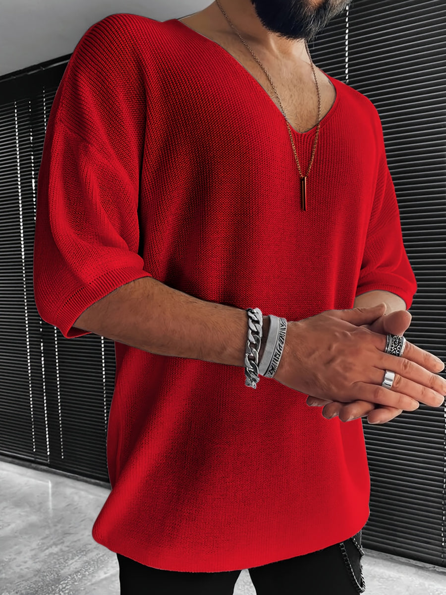 Men'S Loose-Fitting Short-Sleeve Pullover with a V-Neck And Dropped Shoulders, Knit - Red