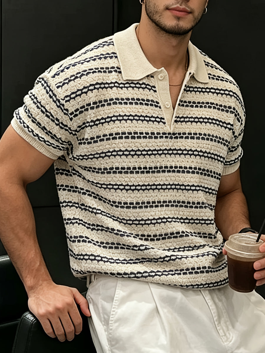 Men's Knitted Pullover Textured Striped Short-Sleeve T-Shirt, Summer Korean Style Outfit, High-End Henley Collar Polo Shirt Top - Apricot