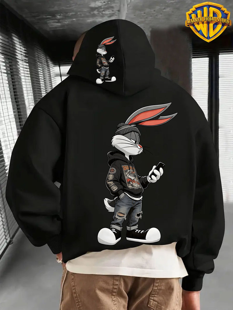 Warner Authorized Men'S New Trendy Hoodie, Warner'S 'Le Yi Tong' Co-Branded Le Yi Tong Street Style Bunny Print Hoodie, Casual Daily Drawstring Hoodie, Long Sleeve Pullover, Machine Washable, Versatile Sports Casual Loose Men'S Casual Hoodie, Fro - Black