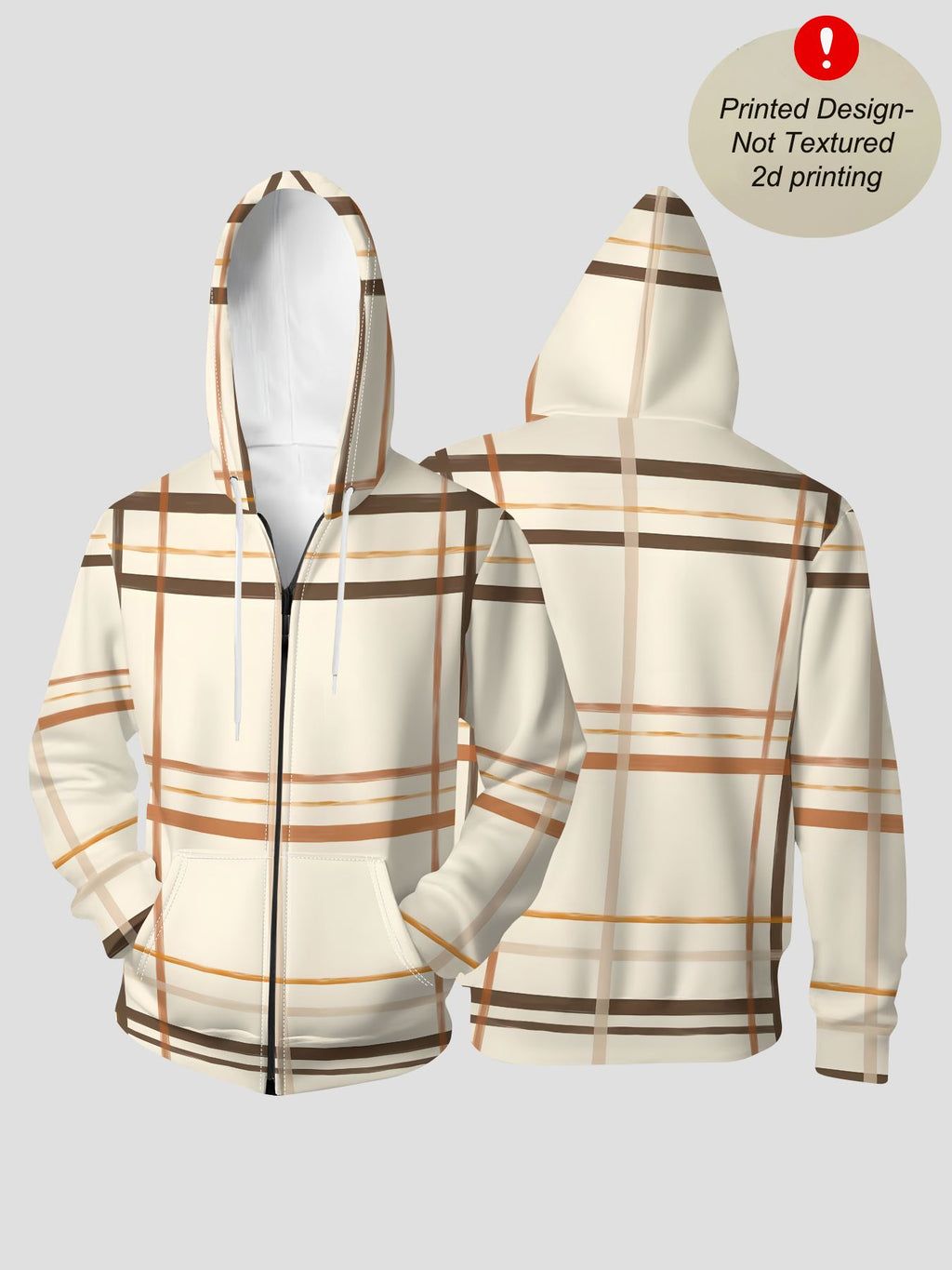 Men'S Autumn Winter Zipper Hooded Sweatshirt Warm Beige Plaid Background Print Casual All-Match Top - Mixed colors