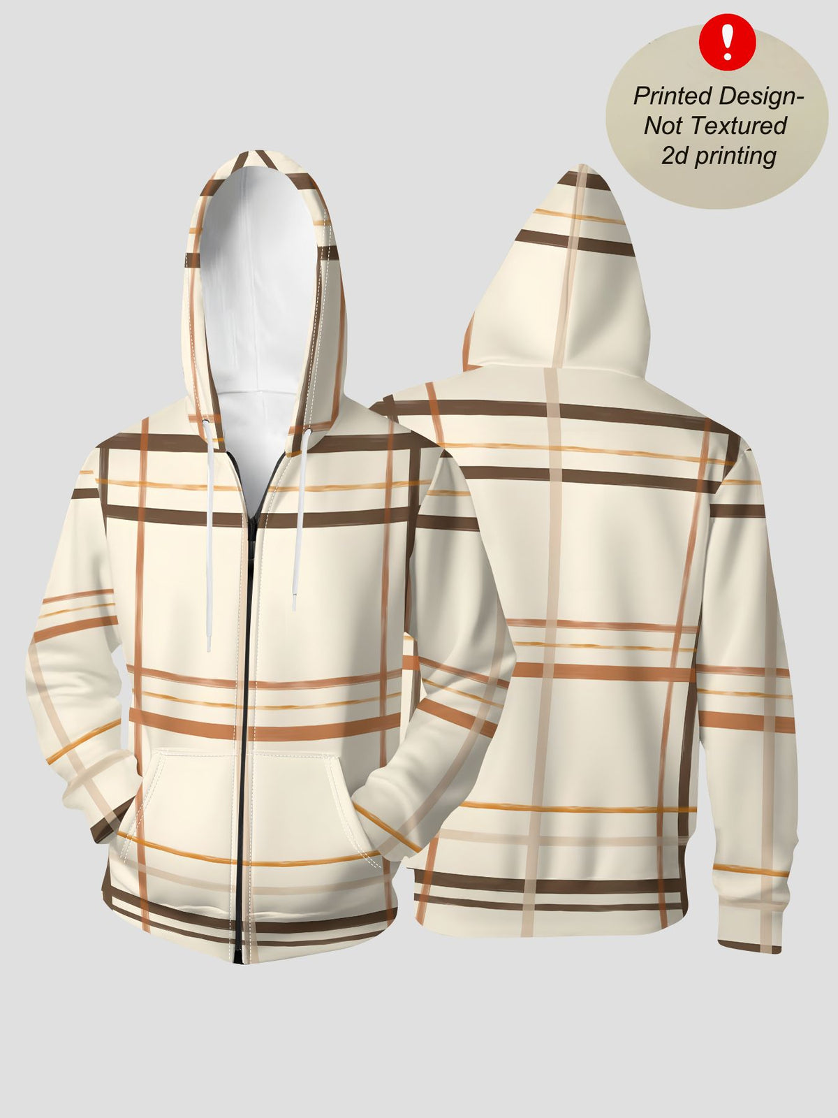 Men'S Autumn Winter Zipper Hooded Sweatshirt Warm Beige Plaid Background Print Casual All-Match Top - Mixed colors