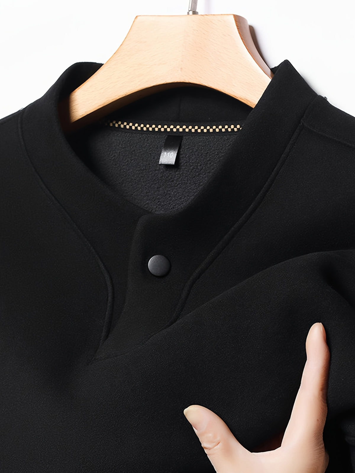 Men'S Single-Button Henley Collar Fleece Long Sleeve Top, Solid Color Minimalist Design Without LOGO, Light Luxury Easy Men'S Style - SINBOS - Black