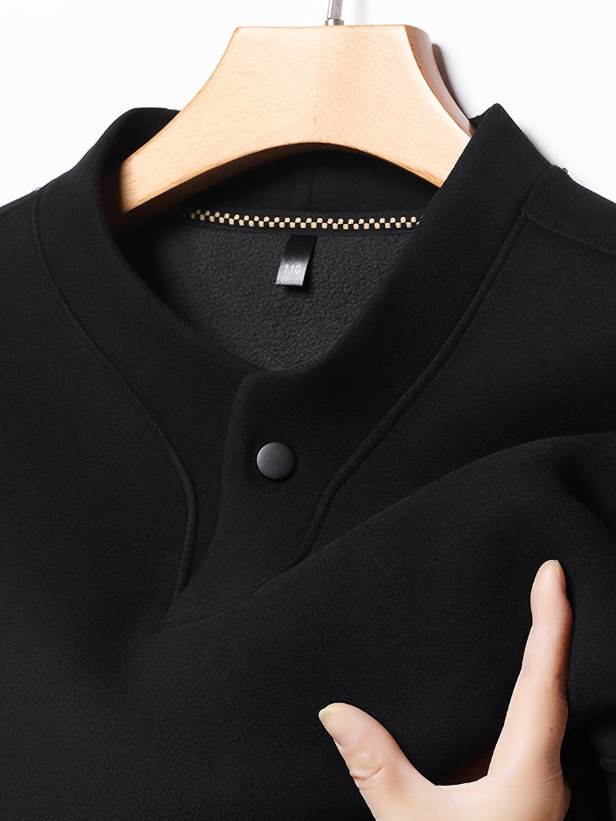 Men'S Single-Button Henley Collar Fleece Long Sleeve Top, Solid Color Minimalist Design Without LOGO, Light Luxury Easy Men'S Style - SINBOS - Black