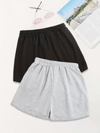 2pcs, Letter Print Drawstring Shorts, Casual Shorts, Women'S Clothing - Black+gray