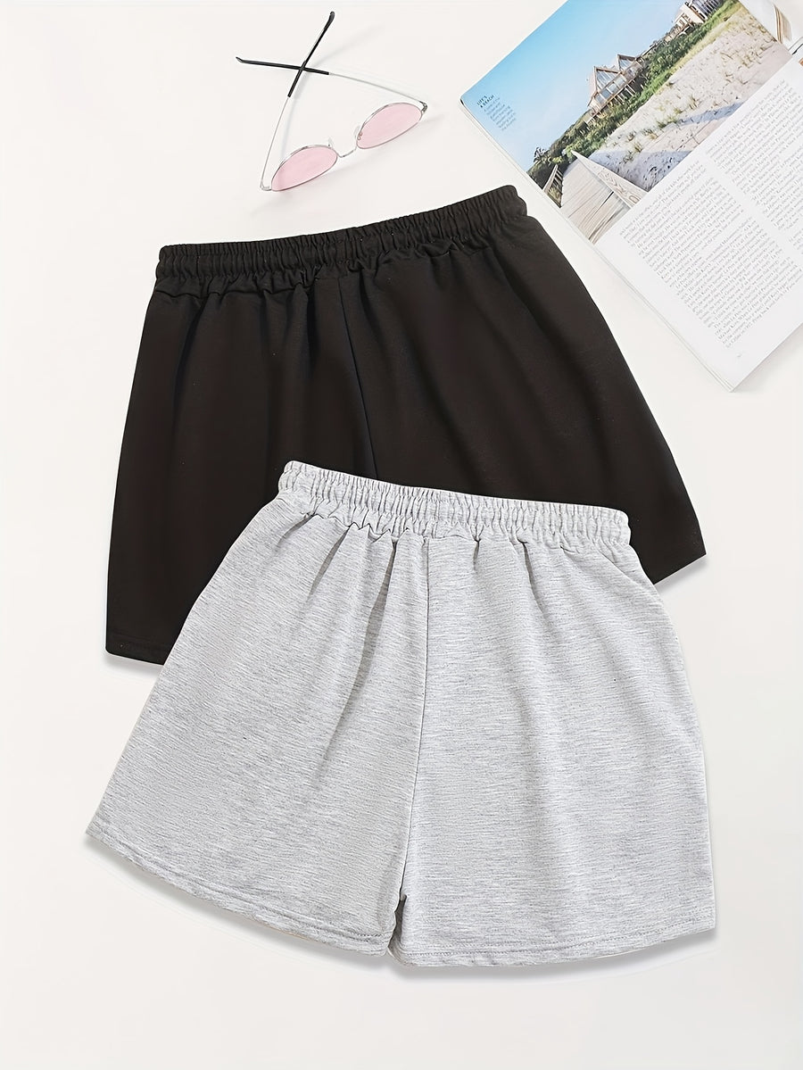 2pcs, Letter Pattern Drawstring Shorts, Casual Shorts, Women'S Clothing - Black+gray