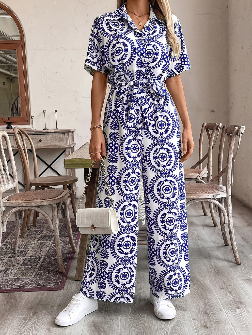 Elegant Special Edition Spring/Summer Fashion Design Ethnic Vintage Style Printed Long Jumpsuit Romper - Blue