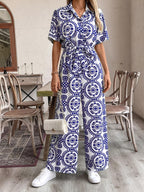Elegant Special Edition Spring/Summer Fashion Design Ethnic Vintage Style Printed Long Jumpsuit Romper - Blue