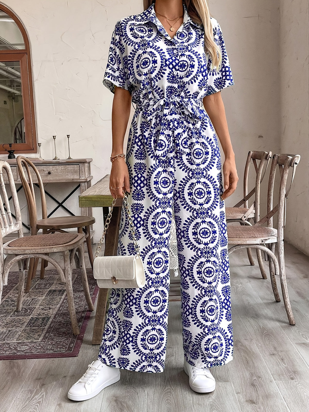 Elegant Special Edition Spring/Summer Fashion Design Ethnic Vintage Style Printed Long Jumpsuit Romper - Blue
