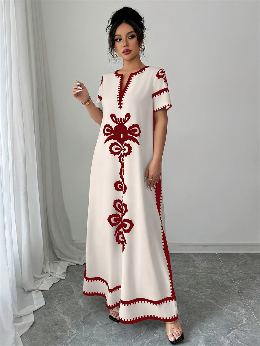 Middle Eastern Ramadan Themed Elegant Spring And Summer Party Dress with a V-Neck Short Sleeves And Paisley Print - Red
