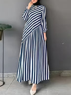 Vintage Robe Dress with Asymmetrical Lantern Sleeves & Striped Patchwork - Maxi Length Full-Length Dress Suitable for Spring Summer Fall, Machine Washable Elegant Robe for Weddings, Church Events, Special Occasions - Blue