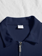 Men'S Autumn Long Sleeve Collar Shirt Outdoor Casual Sports Print Half-Zip Polo Shirt - Navy Color