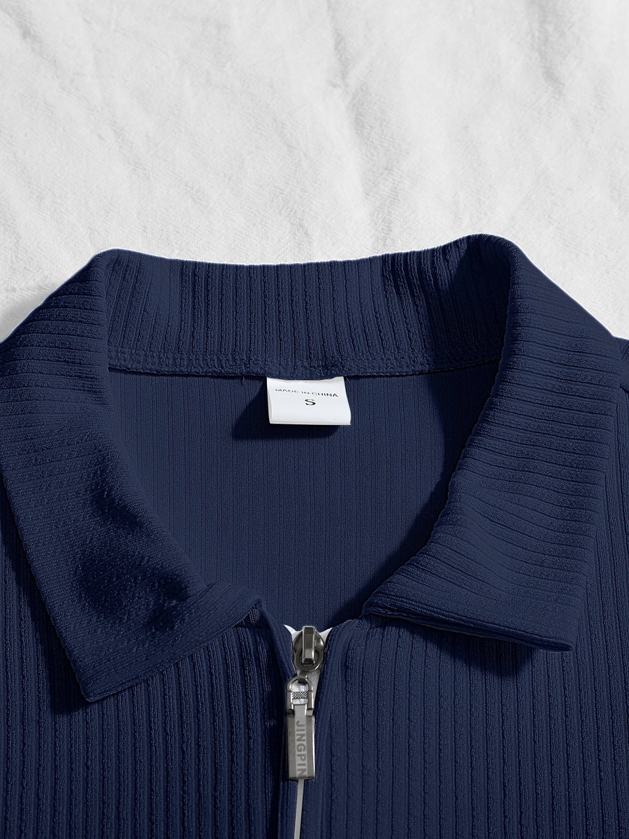 Men'S Autumn Long Sleeve Collar Shirt Outdoor Casual Sports Print Half-Zip Polo Shirt - Navy Color
