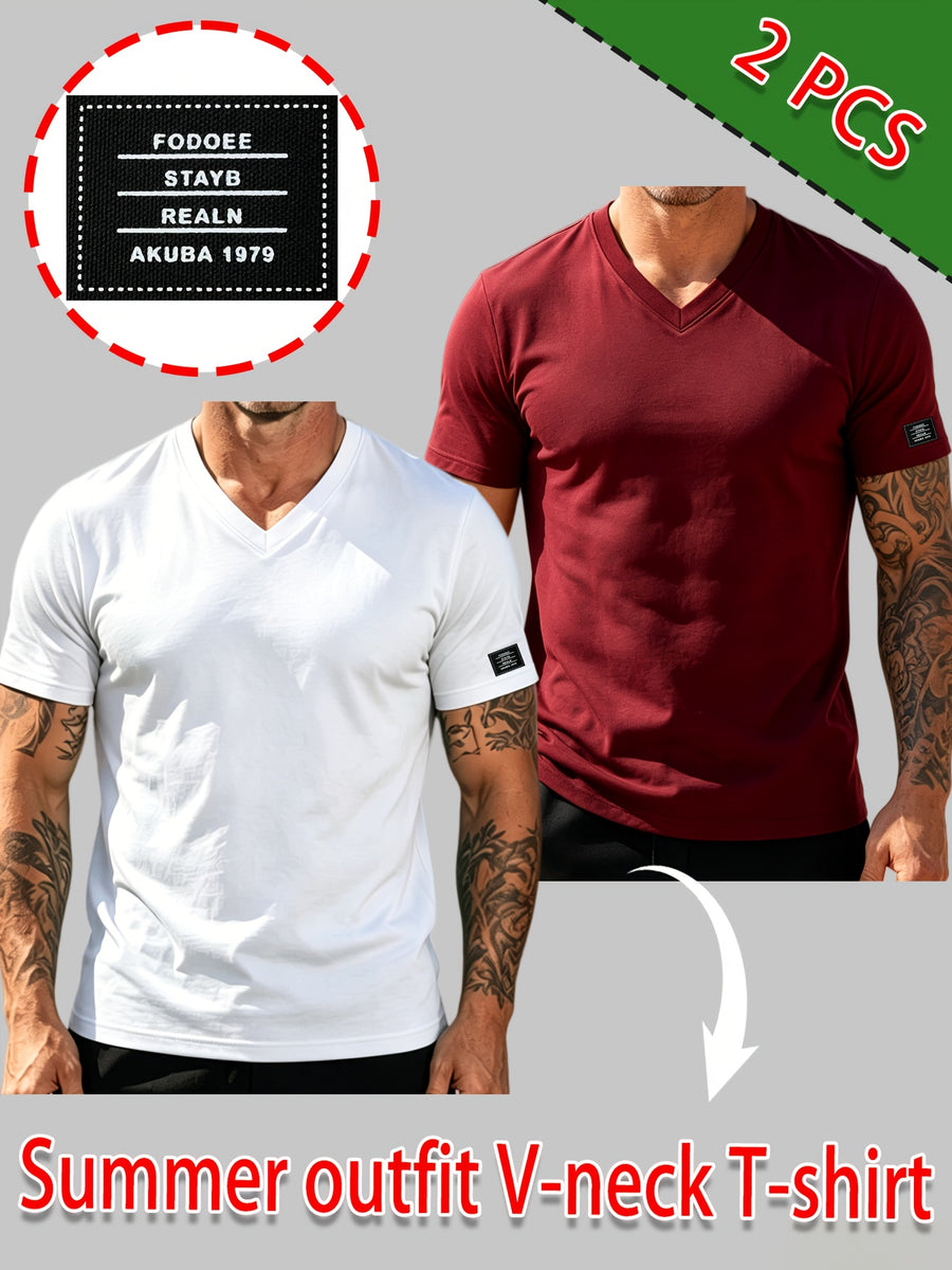 100% Cotton 2pcs Men's Basic V-Neck Pure Cotton Solid Color Short Sleeve T-Shirt, Soft and Skin-Friendly, Versatile Top for Fitness, Casual, and Daily Wear - White+Burgundy