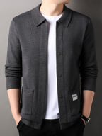 [Wading Whale OBM] Spring/Summer New Men'S Knit Cardigan, Old Money Style Solid Color Lapel Long Sleeve Open Front Sweater Jacket with Single Button Closure And Side Pockets, Suitable for Spring And Autumn Layering Or Outerwear - Dark Gray