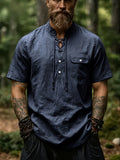 New Men'S Lace-Up Henley T-Shirt, Stand Collar Short Sleeve Casual Pullover with Adjustable Drawstring Neckline And Flap Chest Pocket, Lightweight Relaxed Fit Top for Beach Vacations, Travel, Outdoor Leisure And Everyday Wear - Navy Color