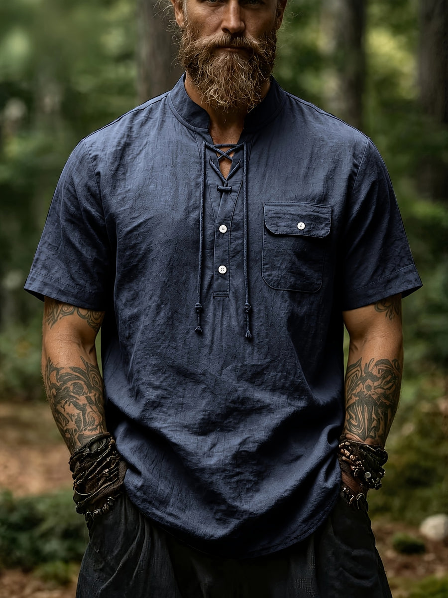 New Men'S Lace-Up Henley T-Shirt, Stand Collar Short Sleeve Casual Pullover with Adjustable Drawstring Neckline And Flap Chest Pocket, Lightweight Relaxed Fit Top for Beach Vacations, Travel, Outdoor Leisure And Everyday Wear - Navy Color