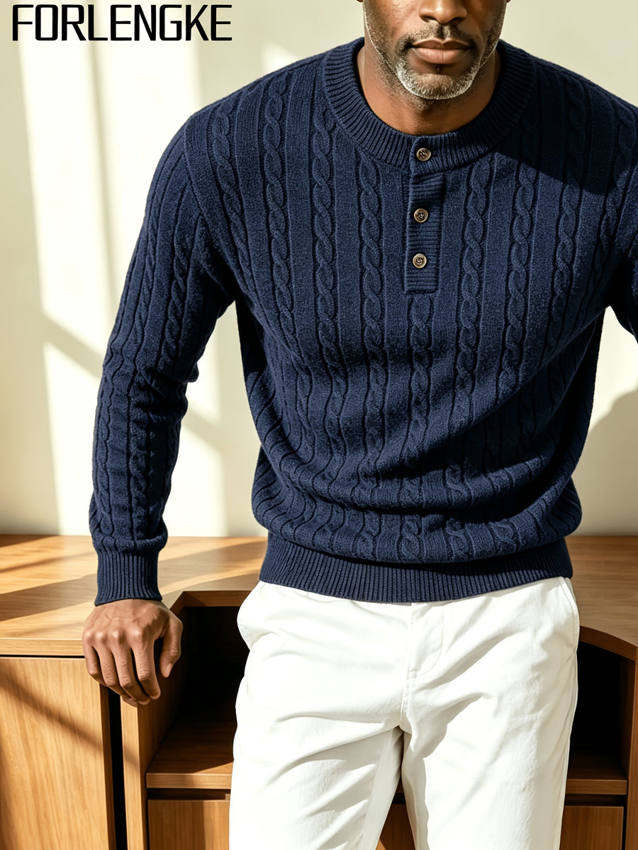 FORLENGKE 2026 New Men's Business Casual Crew Neck Cable Knit Sweater, Soft Warm Long Sleeve Pullover for Fall Winter Office, Daily & Outdoor Wear - Navy Color