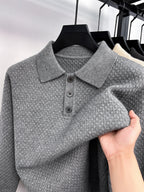 Men's Solid Color Lapel Polo Sweater - Thick Warm Knit Pullover with Lapel Collar, Long Sleeve Winter Sweater Suitable for Fall/Winter, Casual Office Wear, Basic Knitwear for Layering (Hand Washable) - Light Grey