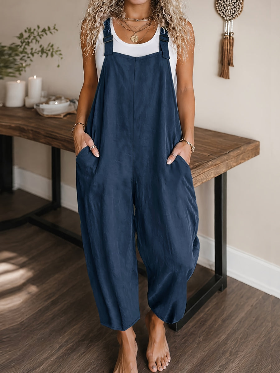 Women's Casual Vacation Loose Solid Color Overalls Jumpsuit - Navy Color