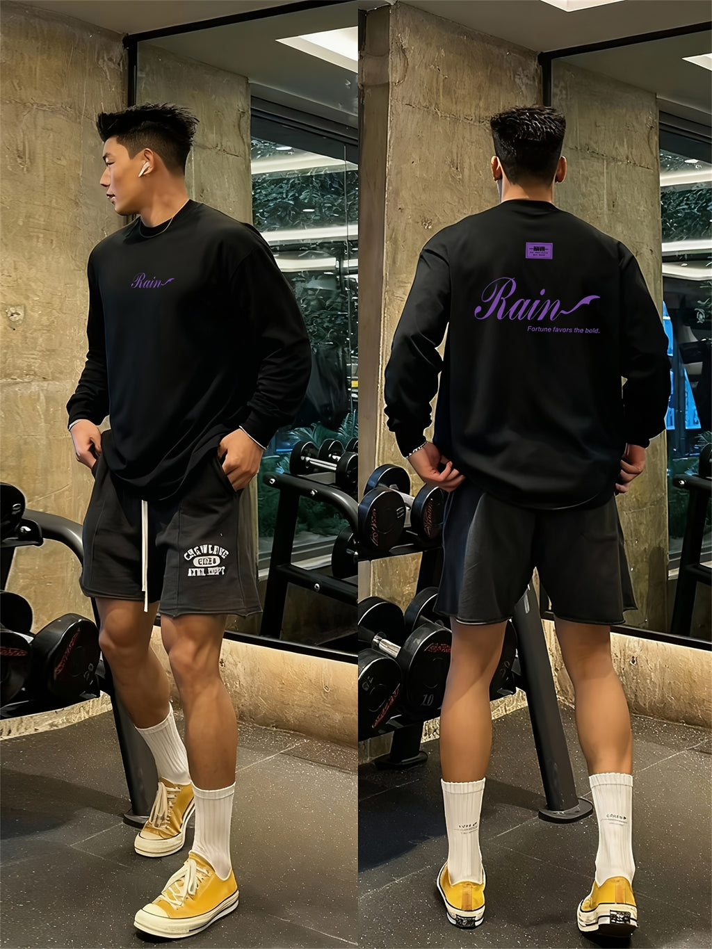 New Spring And Autumn Oversized Long-Sleeve T-Shirt for Men, Featuring a Trendy Print, Made of Heavy, Perfect for Casual Outdoor Sports - Black