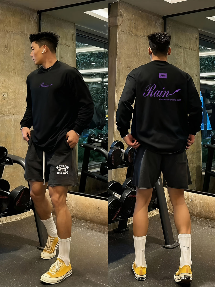 New Spring And Autumn Oversized Long-Sleeve T-Shirt for Men, Featuring a Trendy Print, Made of Heavy, Perfect for Casual Outdoor Sports - Black