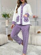 Plus Size 25AW Homewear Trend New Autumn/Winter Women's Pajama Cardigan Set with Long Sleeves and Long Pants, Embroidered Bear Pocket Design, Warm, Comfortable, Casual, Jacquard Loose Fit Loungewear - Dark Violet