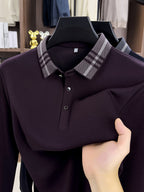 Men's Plain Color Plaid Lapel Long Sleeve Polo Shirt, No Print or Embroidery, Simple and Clean Cut, Suitable for Light Business and Daily Outings - SINBOS - Purple