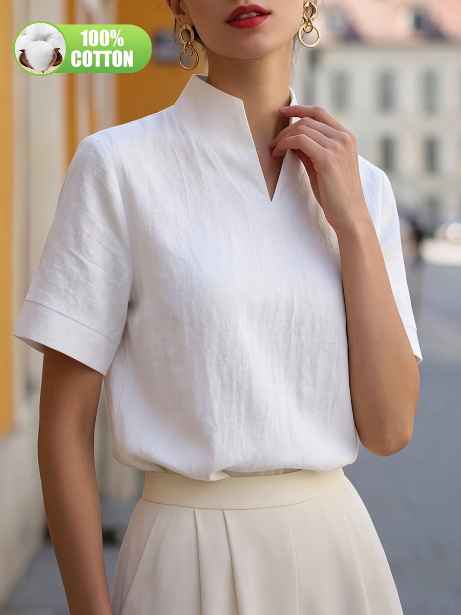 Elegant and Summer New Style Fashionable 100% V-Neck Back Zipper Short Sleeve Everyday Versatile T-Shirt Top ASD1 for Women of Distinguished Temperament - White