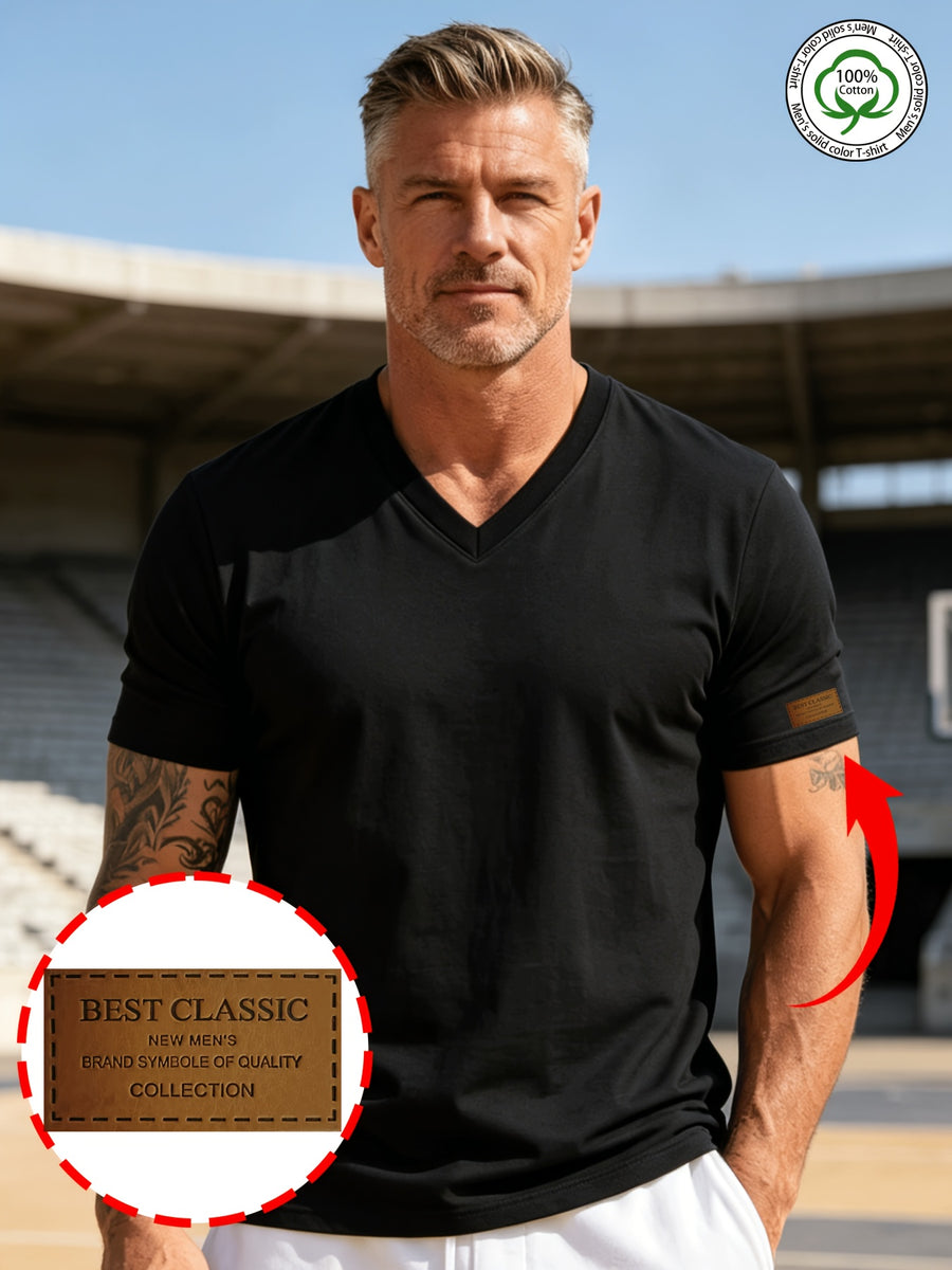 100% Cotton Men's Pure Cotton Casual V-Neck Solid Color Short Sleeve Shirt, Zhangzi Design Basic Classic Style, Breathable and Smooth, Versatile Top for Business Layering, Outings, Shopping, or Sports - Black