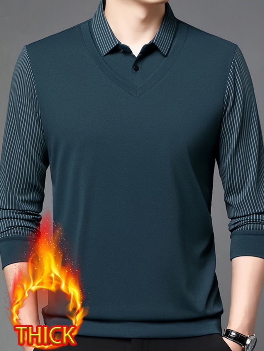 Autumn/Winter Men's 2-in-1 Look Shirt Collar Top with Striped Sleeves, Thick and Warm, Well-Fitted Cut, Versatile Pullover for Commuting - Ha Qing