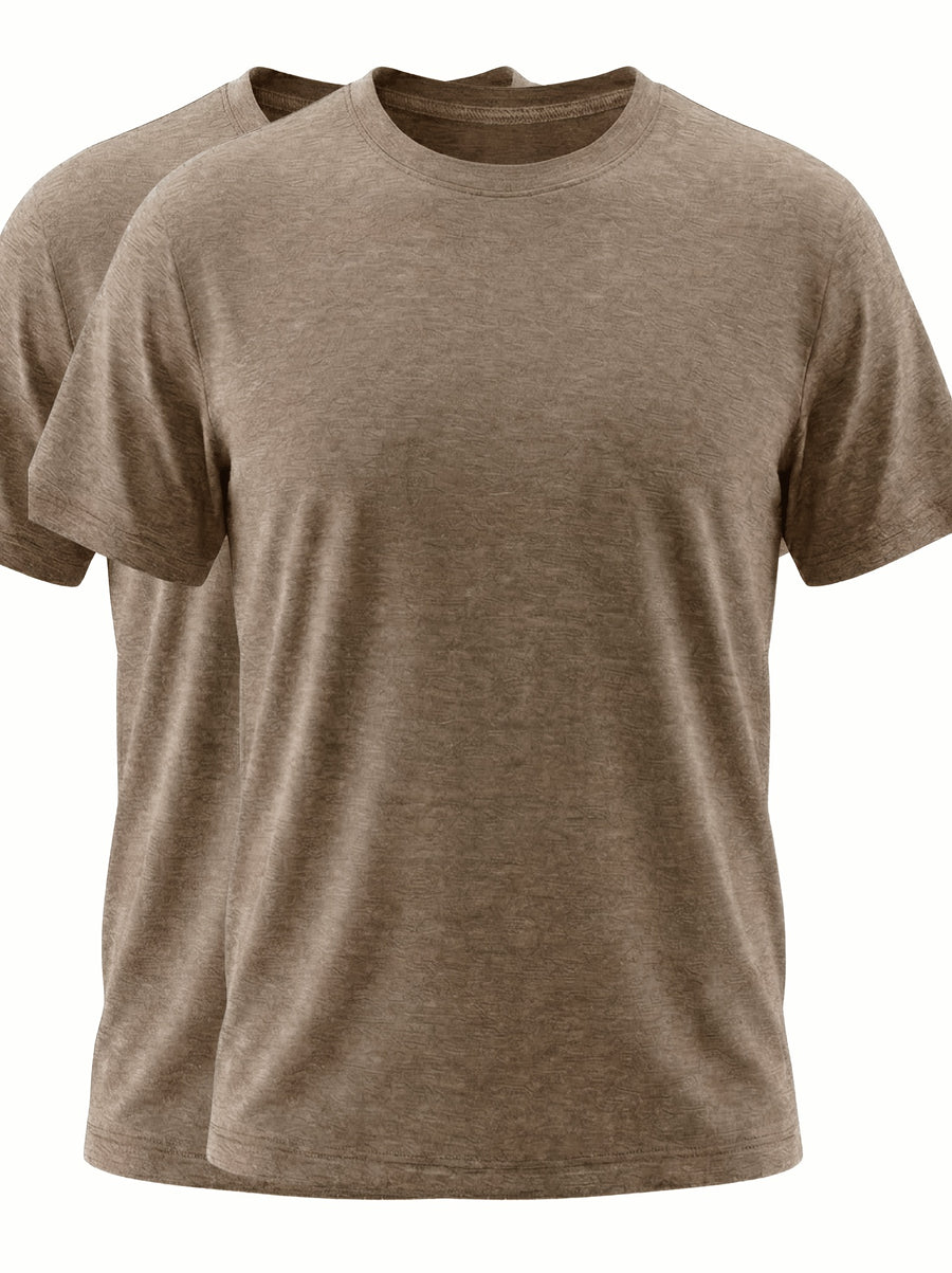 2pcs Round Neck Base Short Sleeve Top, Stretch Fabric Men'S Shirt, Western Summer Season Soft Fabric T-Shirt, Home Wear, Men'S Casual Top, Base Layer, Multi-Scene, Suitable for Various Styles, Travel, Business, Golf, Countryside Travel, Knit - Coffee Color