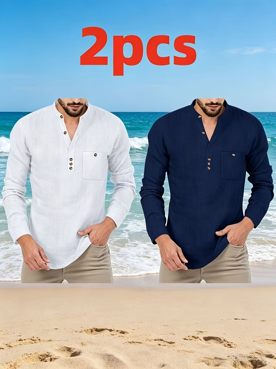 Father's Day Gift Men's Long Sleeve Henley Collar T-Shirt Two-pc, Multiple Colors Available, Casual Top, Simple and Versatile Style for Daily Commuting, Leisure, and Relaxed Wear - White + Navy Blue