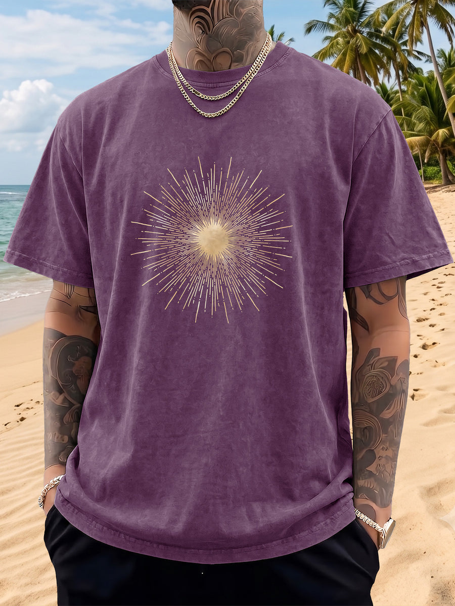 Men's Short-Sleeve T-Shirt, Pure Cotton, Loose Fit, Washed and Distressed, Sunburst Starlight Pattern, Trendy Reverse Double-Sided Print, Multiple Colors for Mix and Match, American Streetwear Hip-Hop High Street Top, for Daily Outings - Purple