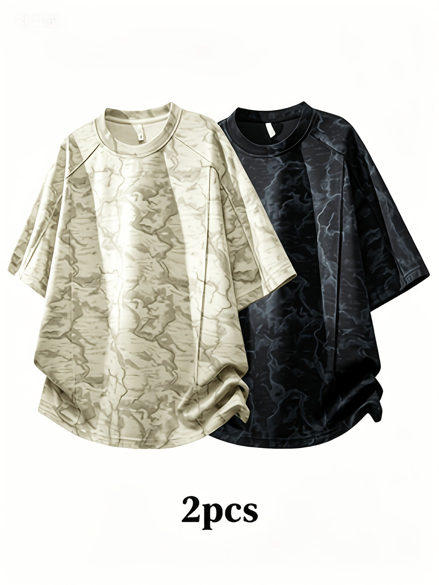 2pcs Summer New Short-Sleeved T-Shirt Men'S Round Neck Loose Ice Fiber Fabric T-Shirt Tie-Dye Gradient Pullover - Apricot Black