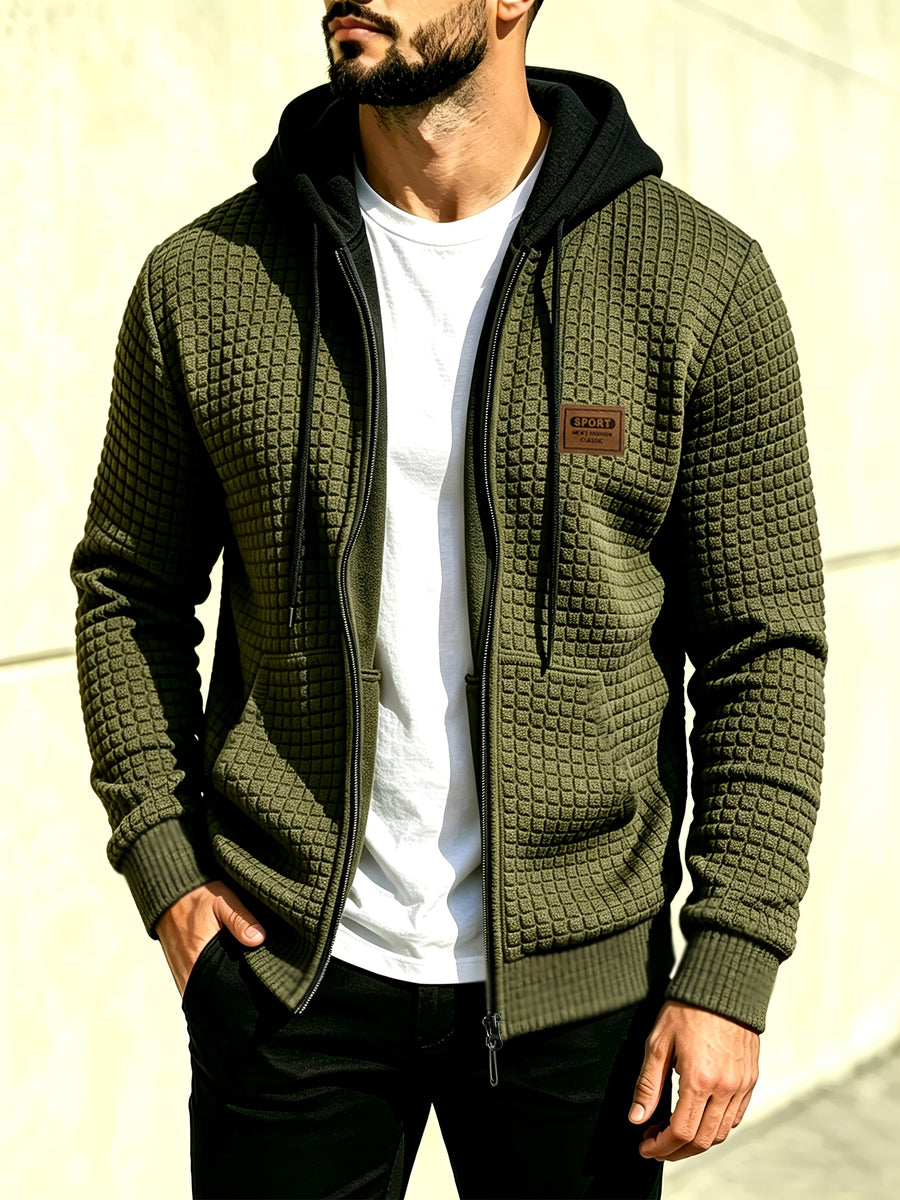 Men'S Hooded Knit Cardigan, Small Checkered Jacquard Zipper Hoodie, Knit Hooded Sweater, Comfortable And Warm, Essential for Autumn And Winter Outdoors, Suitable for Outings And Daily Home Wear - Olive Green