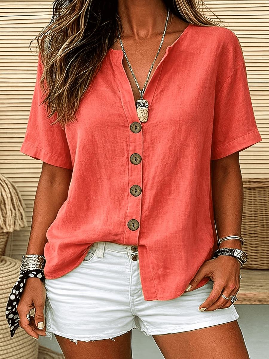 Women'S Shirt, Button-Design, Solid Color, Casual Daily Wear, Short Sleeve V-Neck, Regular Style Top, Suitable for Spring, Summer, And Autumn - Red