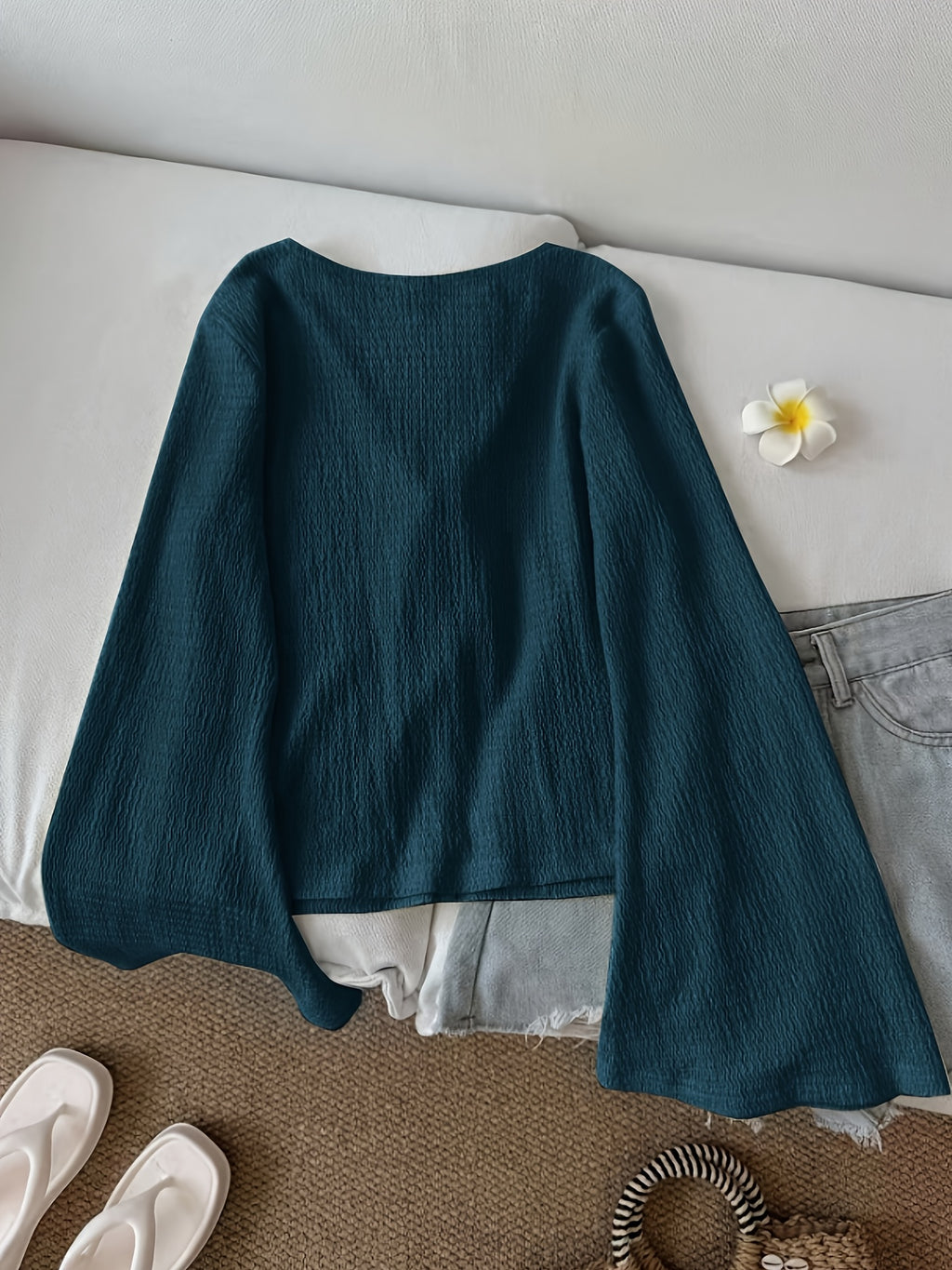 Solid Color Front-Tie Bow Open-Front Fashion Flared Sleeve Blouse New Women'S Short Top - Malachite Green